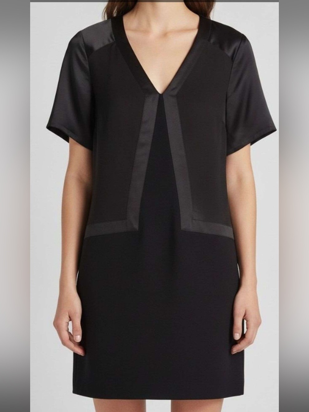 🛸Helmut Lang Black V‑Neck Satin‑Trim Tunic Dress